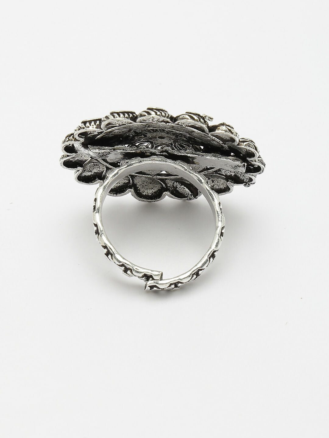 NVR Women's Silver-Toned Floral Shape Adjustable Finger Ring 
