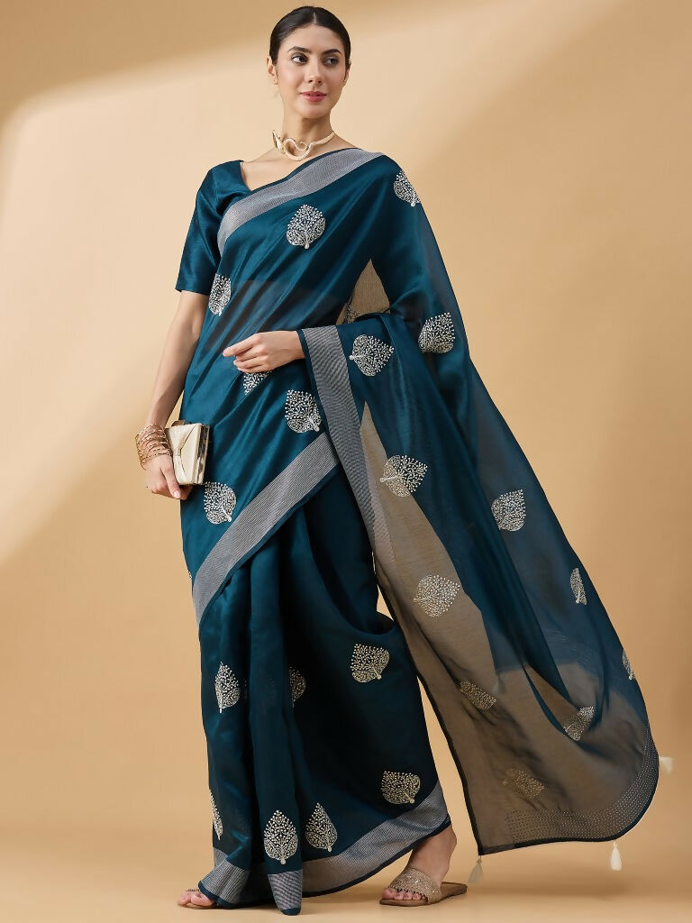 Teal Cotton Blend Thread Embroidered Saree with Unstitched Blouse - Satya