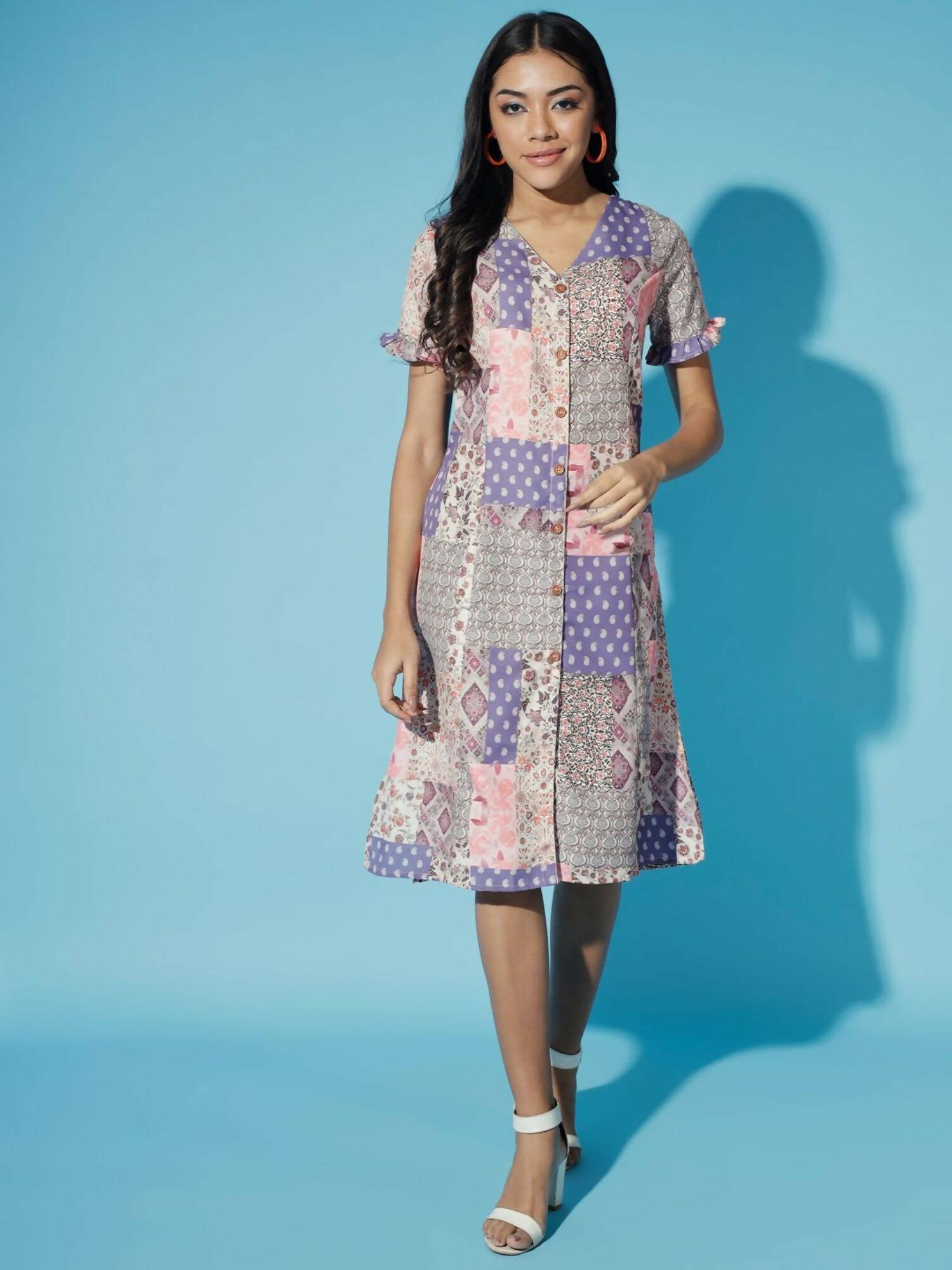 Myshka Women Multi-Geometric Rayon A-Line Round Neck Dress