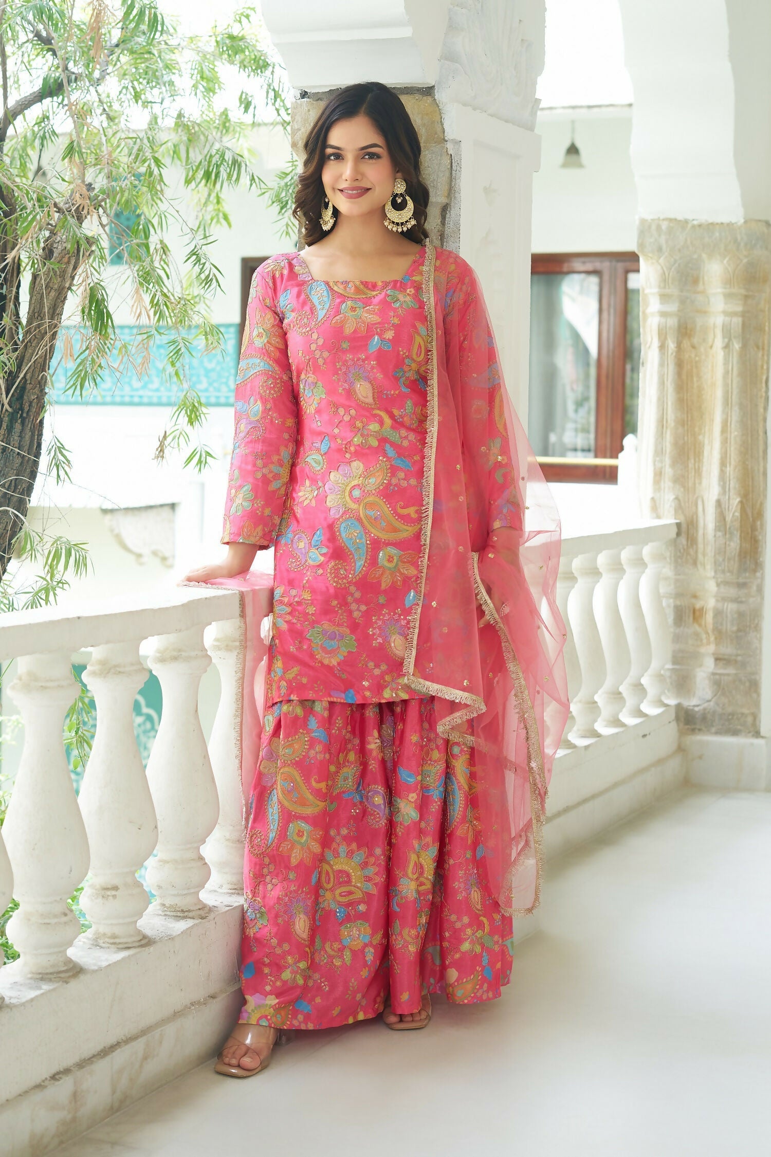 Joban Fashion Pink Chinnon Embroidery Sequence Work Readymade Kurta Set