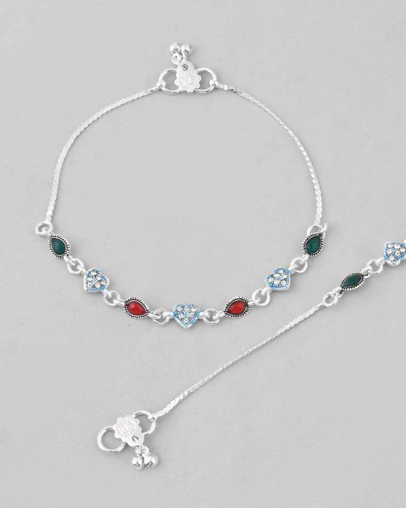 VOJ Set of 2 Silver Plated Heart Shaped Stone Studded Anklet 