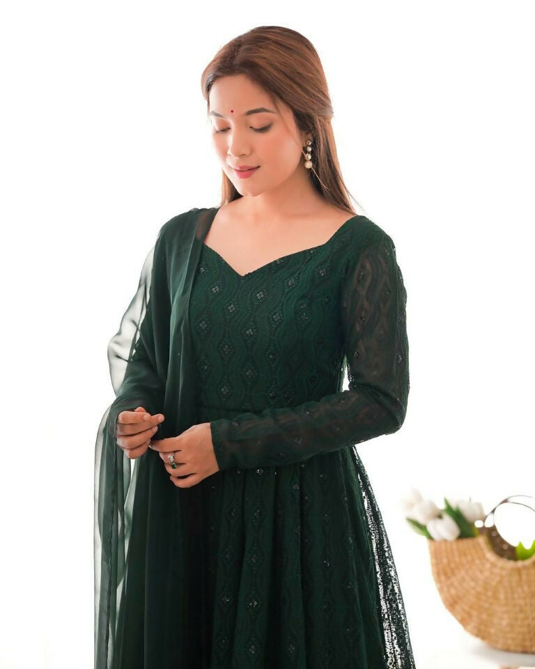 Teeya Creation Green Color Faux Georgette Embroidery Work Wedding Wear Gown