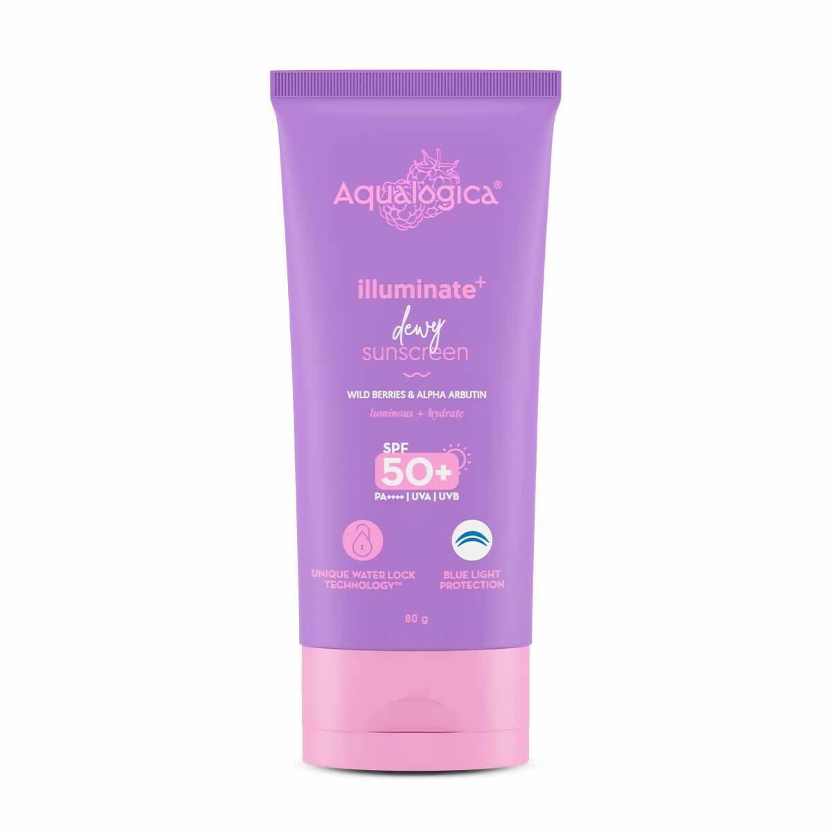 Aqualogica Illuminate+ Dewy Sunscreen SPF 50+ PA++++ with Wild Berries & Alpha Arbutin, Protection Against Uva/B & Blue Light Protection 