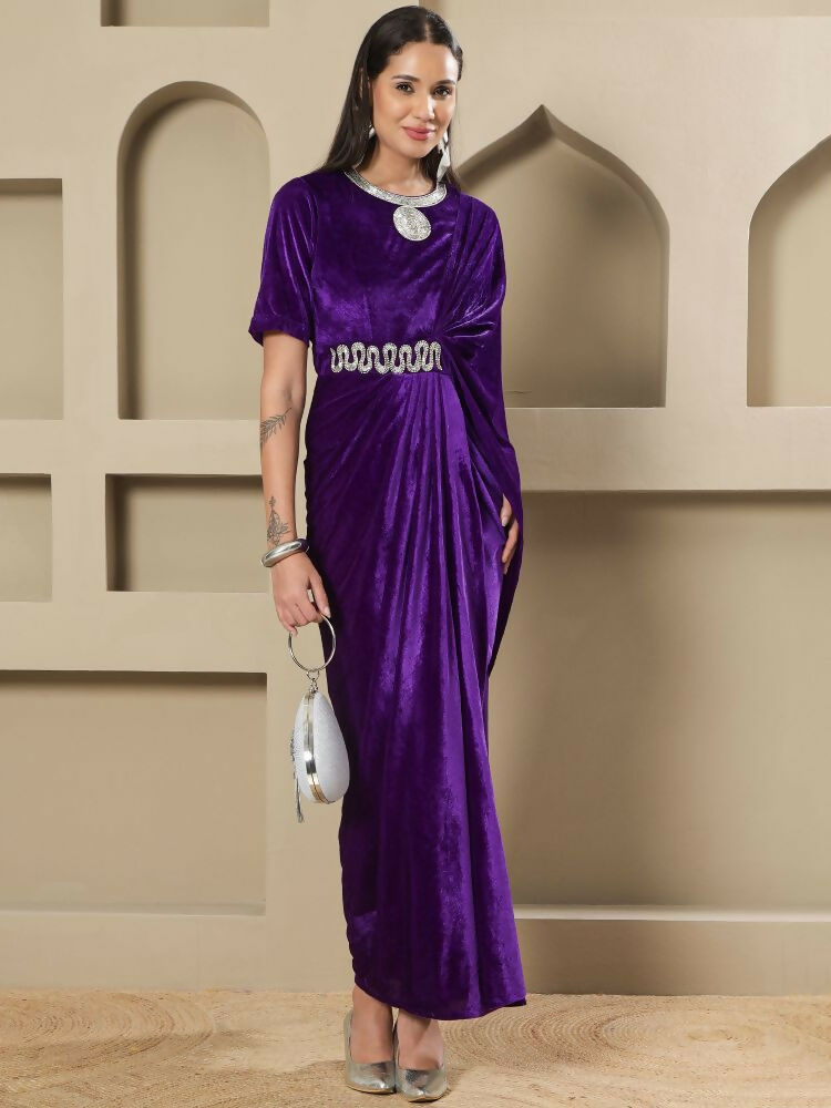 Joban Fashion Women Purple Velvet Hand Embellishment Stitched Dress