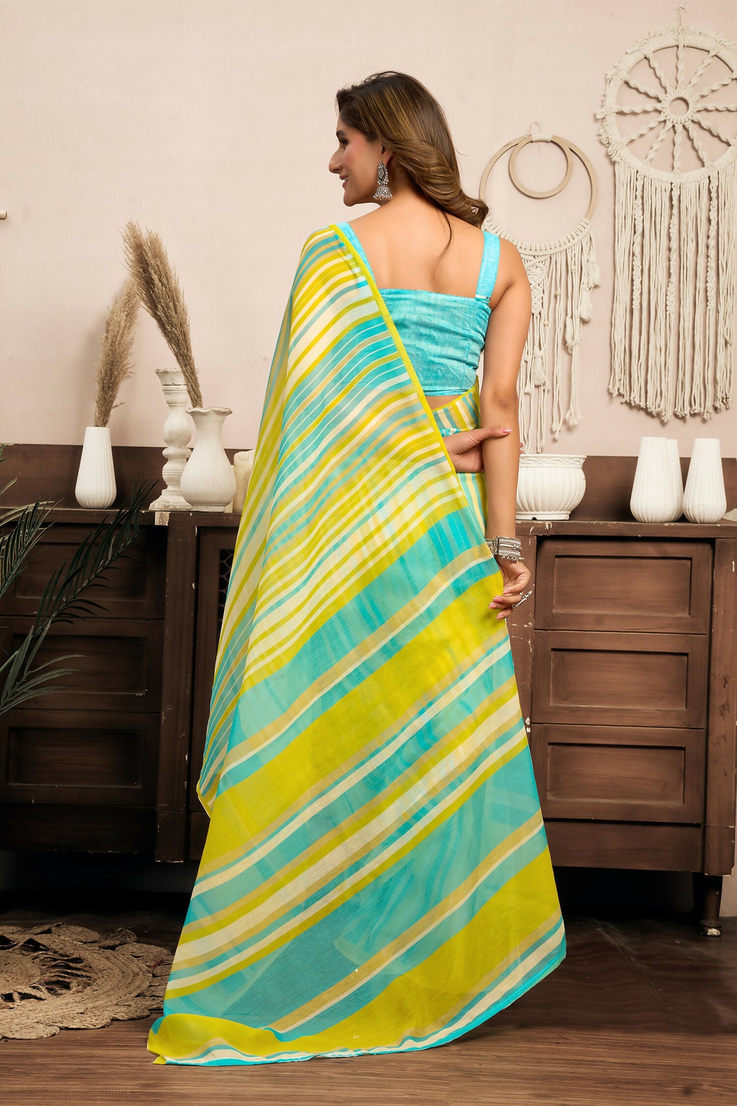 Joban Fashion Yellow Striped (Leheriya) Linen Ready To Wear Saree With Unstitched Blouse