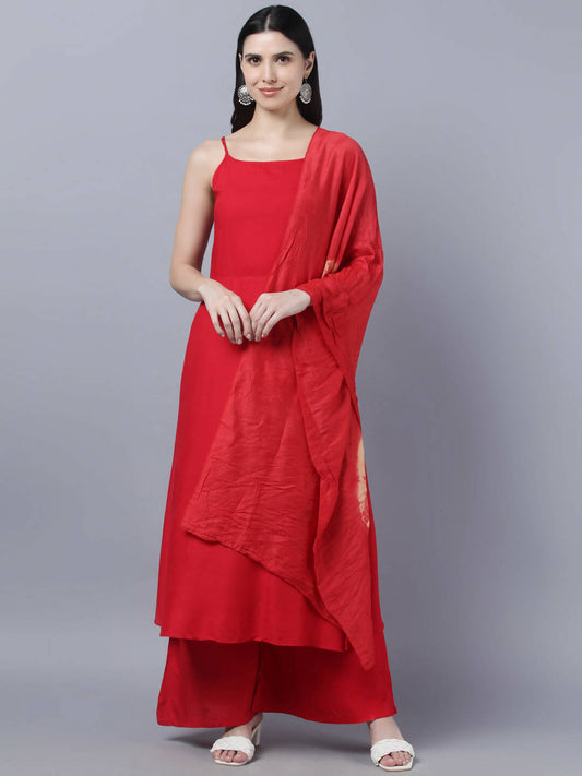 Myshka Women Red High Slit Kurta with Palazzos With Dupatta