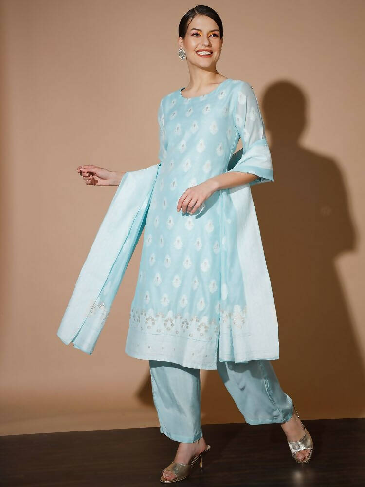 Myshka Women Blue Printed Kurta & Palazzos With Dupatta