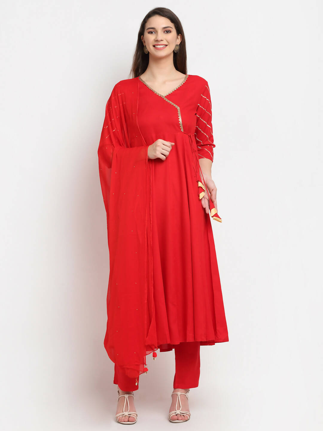 Rudra Bazaar Red Anarkali Kurti & Pyjamas With Dupatta