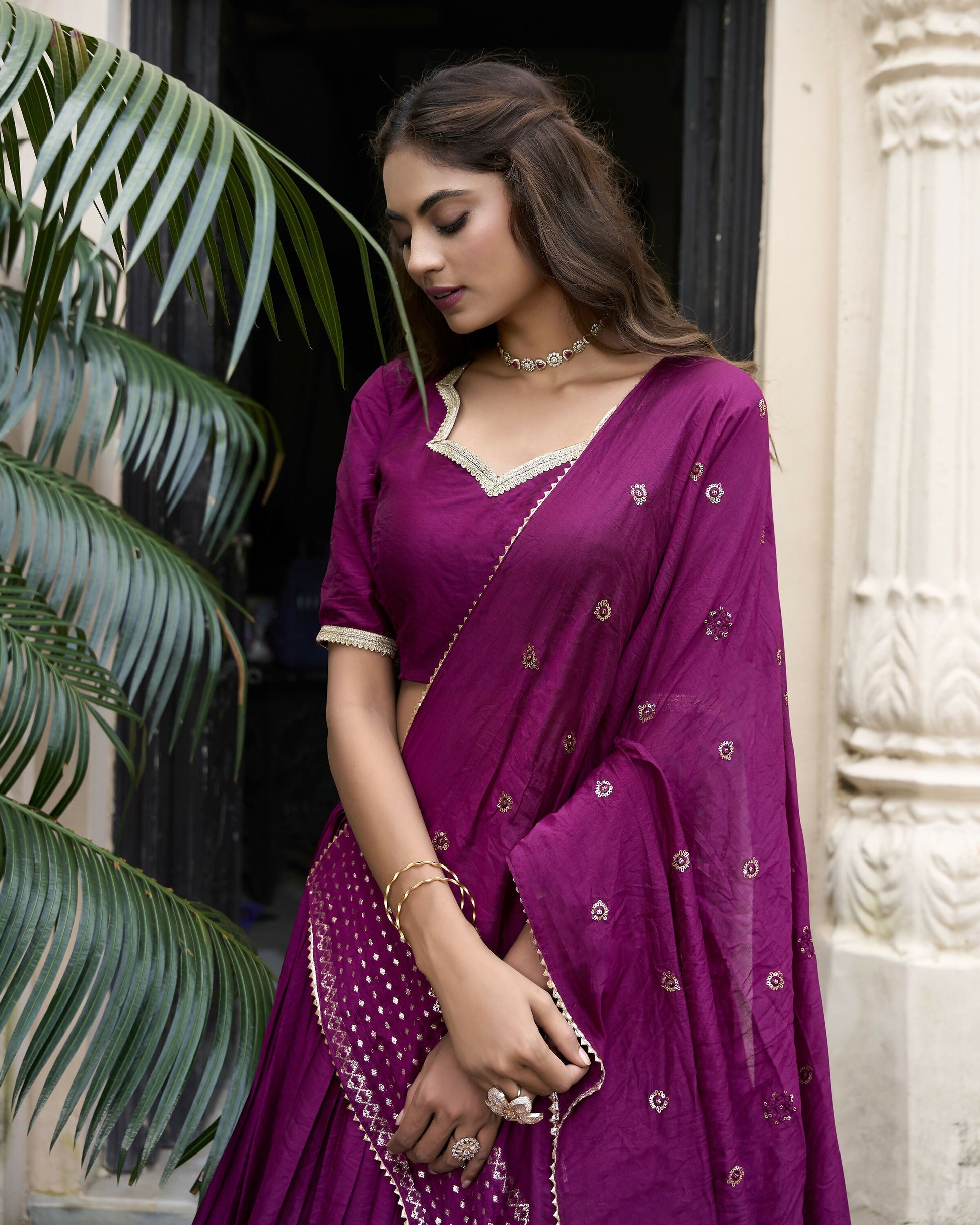 Lorenvalley Wine Pure Chanderi Plain With Zari Weaving Work Border Lehenga Choli 