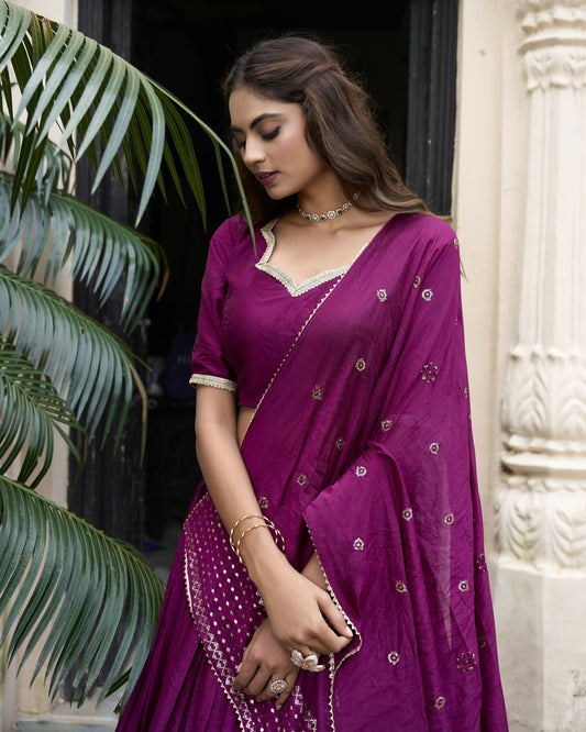 Lorenvalley Wine Pure Chanderi Plain With Zari Weaving Work Border Lehenga Choli 