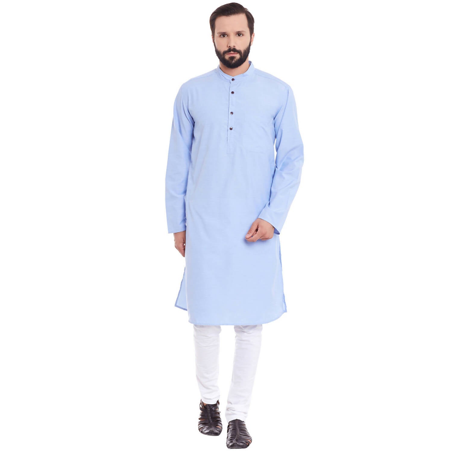 Even Apparels Blue Color Pure Cotton Men's Kurta With Band Collar 
