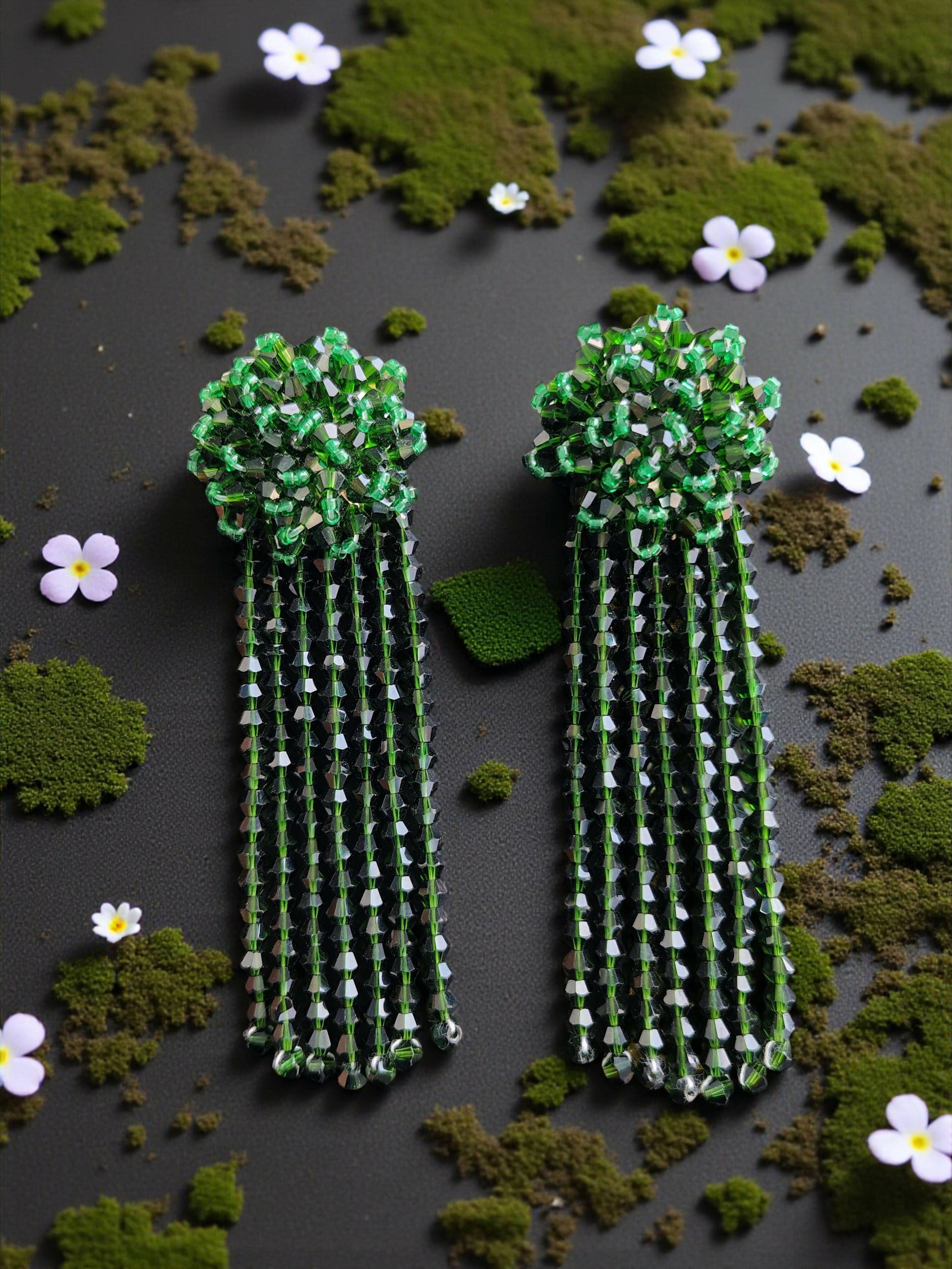Inhanns Handmade Crystal Waterfall Earrings - Long - Dark Green Big