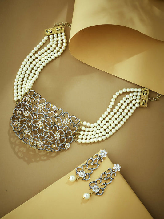 Nuyug 22K Gold-Plated Cubic Zirconia Studded & Pearl Beaded Necklace Set 