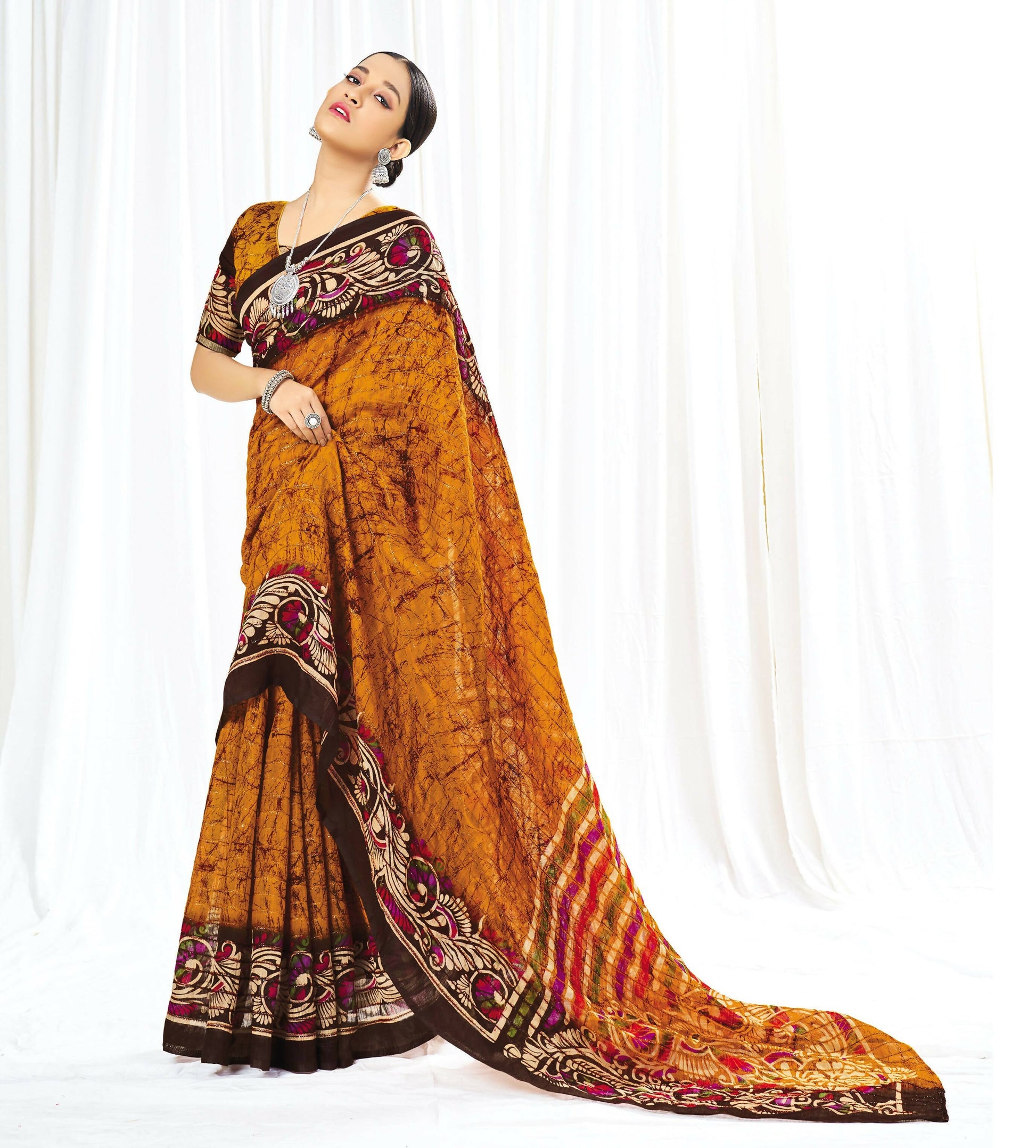 Mustard Chanderi Cotton Floral Printed Saree With Unstitched Blouse Piece - Kathika