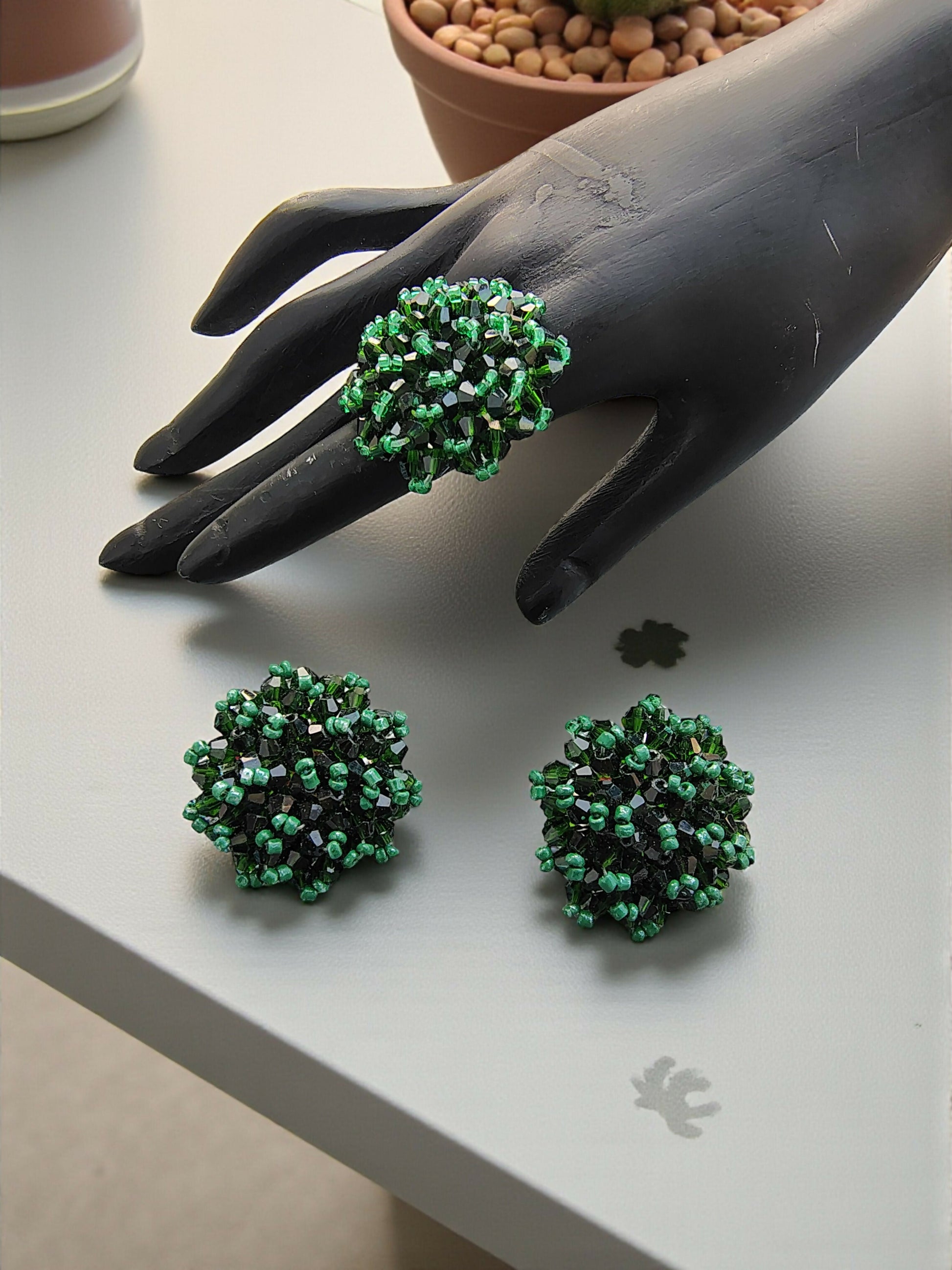 Inhanns Rangmani Crystal Duo – Adjustable Ring + Statement Earrings Set - Dark Green