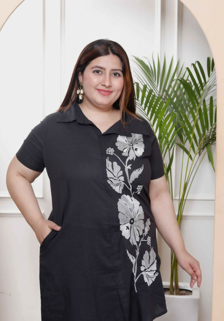 Miravan Women's Plus Size Black Pure Cotton Floral Embroidered High Low Co-Ord Set 