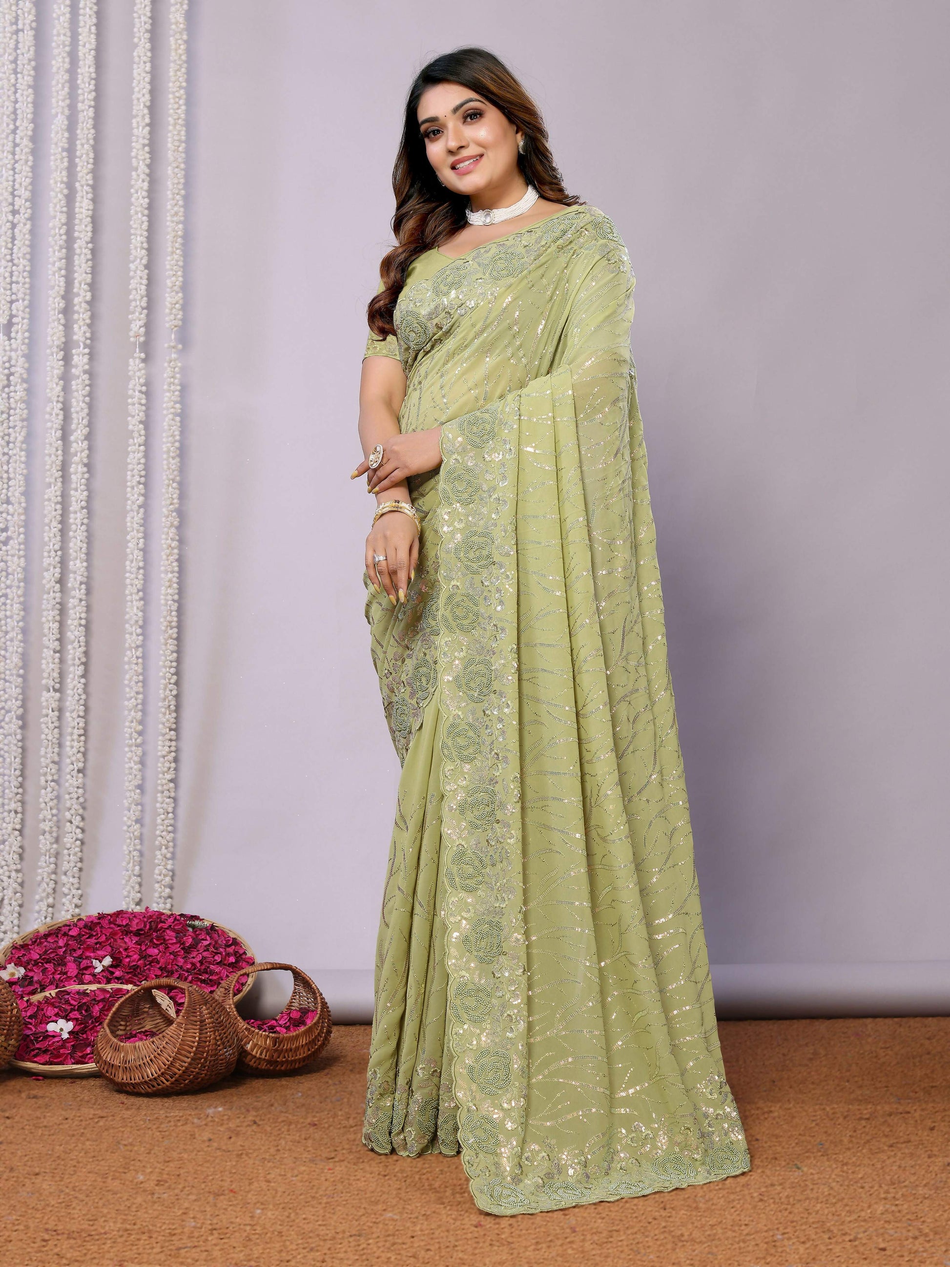 Green Pure Georgette Embroidered Saree With Stitched Blouse - Nimaya Kaksha