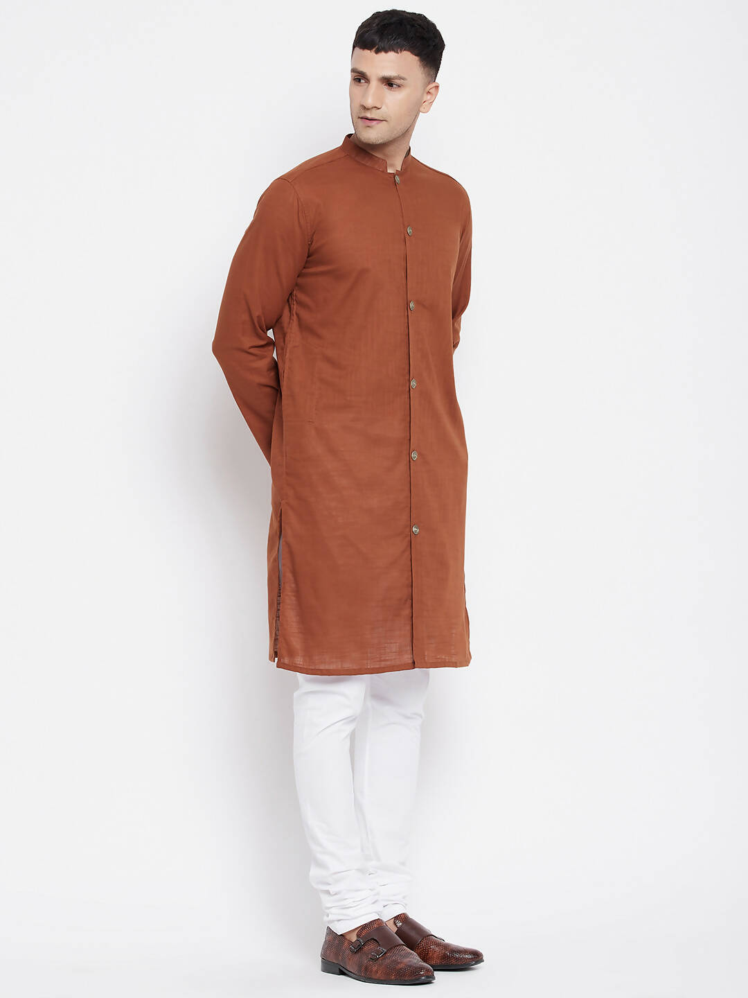 Even Apparels Brown Pure Cotton Men's Sherwani Kurta With Open Front 