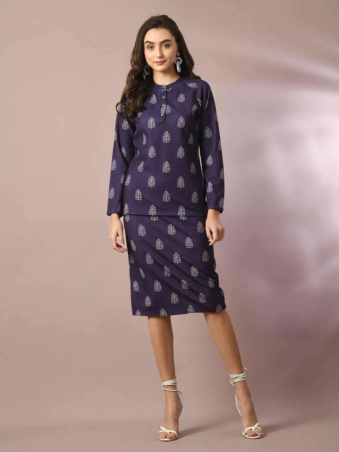 Myshka Women's Navy Blue Printed Round Neck Party Top With Skirt Co-ord set 