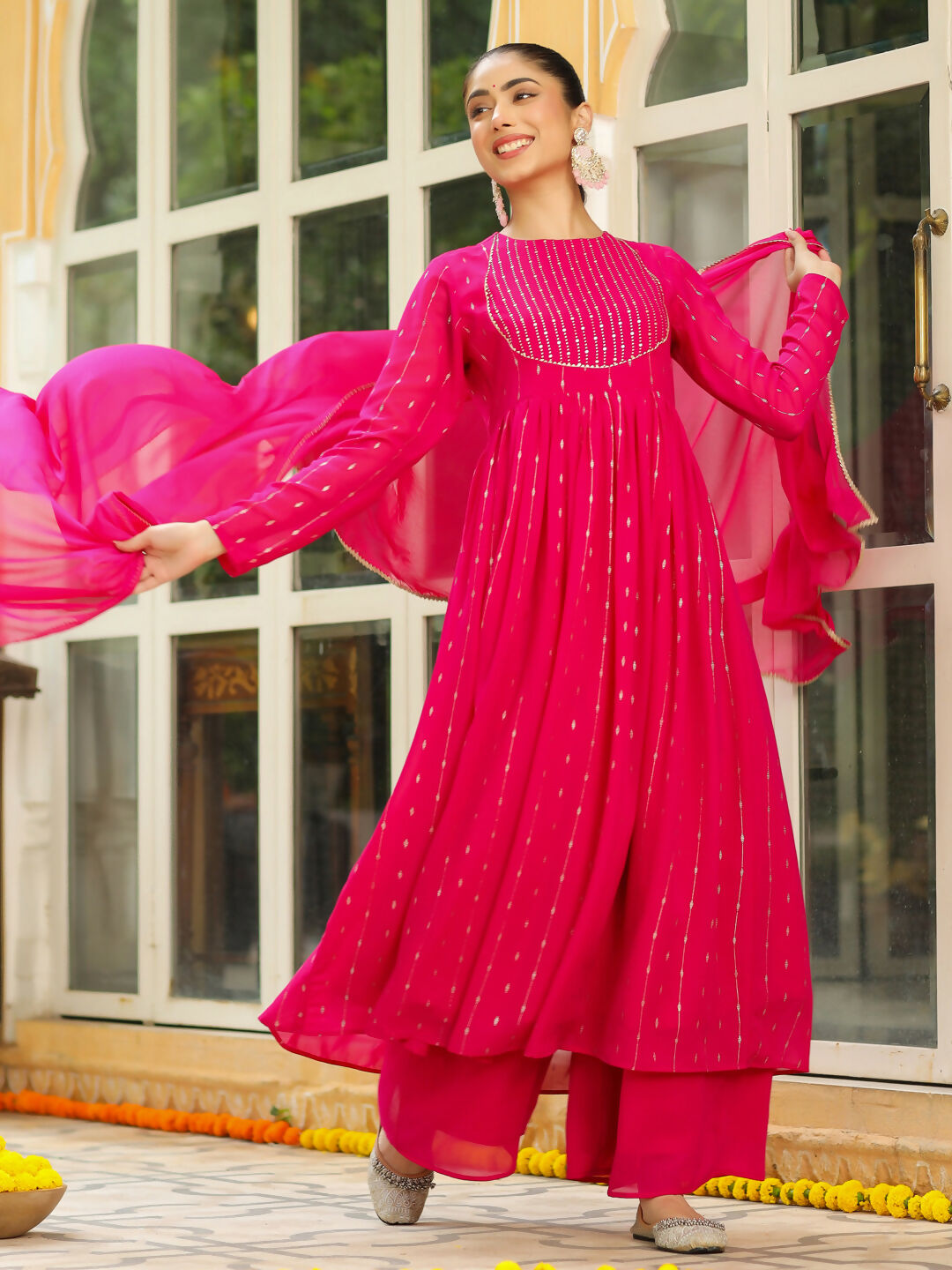 Janasya Pink Georgette Foil Print Kurta,Bottom & Dupatta 