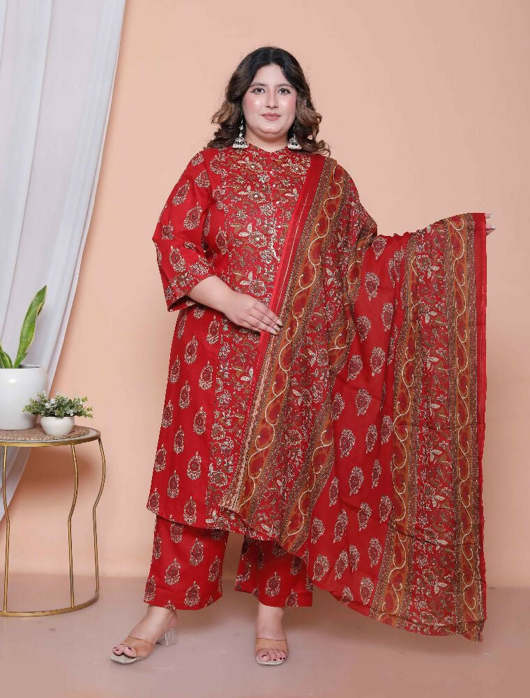 Miravan Women Floral Print Cotton Maroon Stitched Kurta Palazzo With Dupatta Set