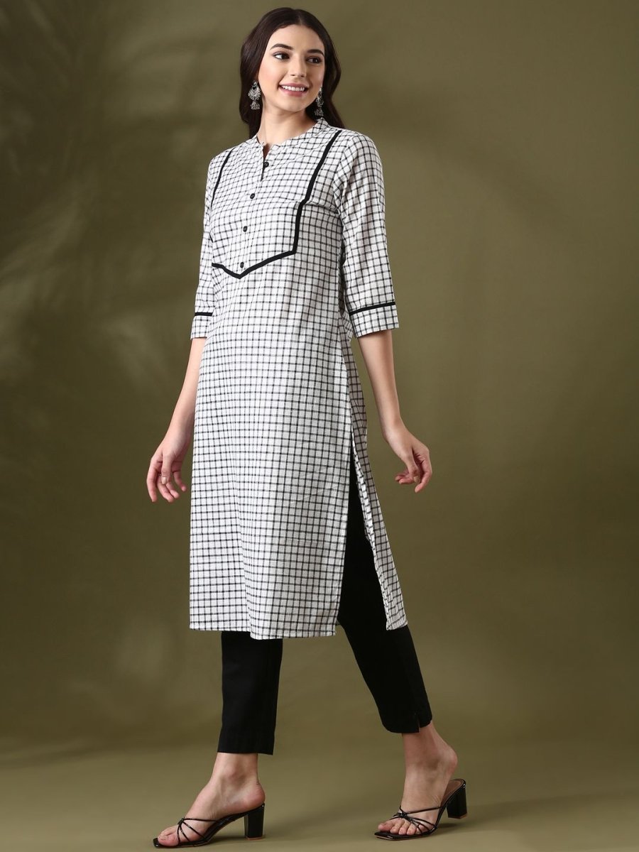 Anouk White Checked Mandarin Collar Pure Cotton Straight Kurta | Grab2Buy