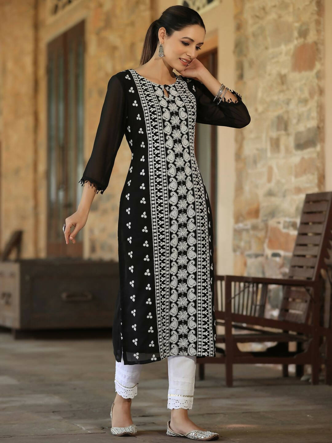 Juniper Women's Black Georgette Printed Kurta
