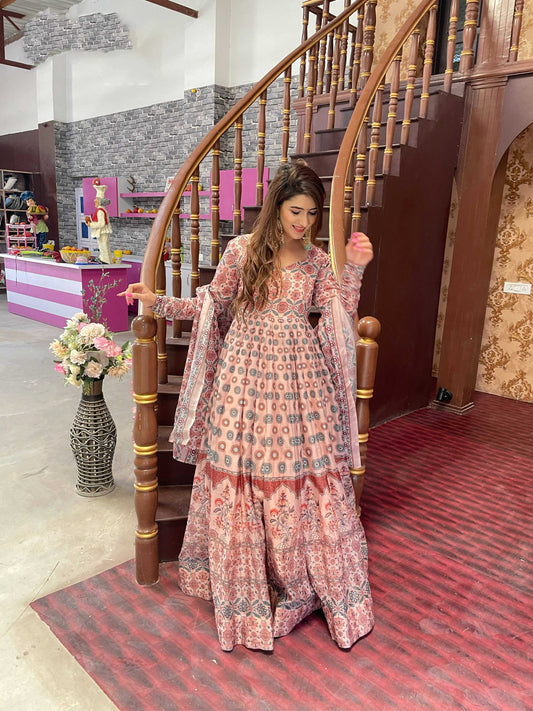 Partywear Designer Peach Chanderi Suit - Anbazaar