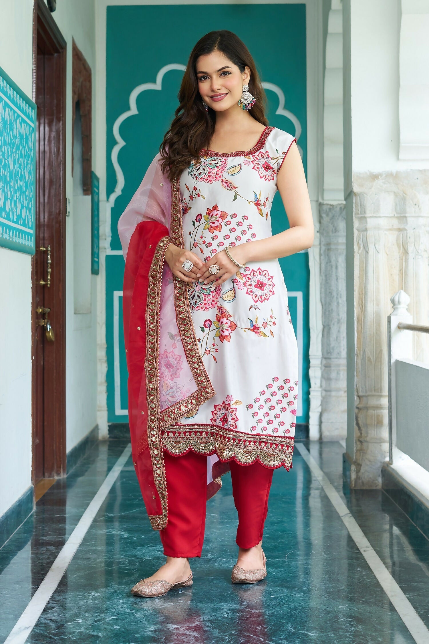 Joban Fashion White Georgette Embroidery Sequence Work Readymade Kurta Set