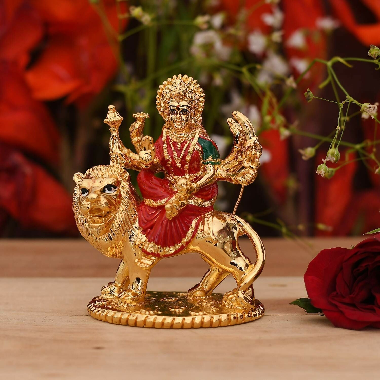 Collectible India Gold-Polished Goddess Maa Durga Sherawali Mata Idol 