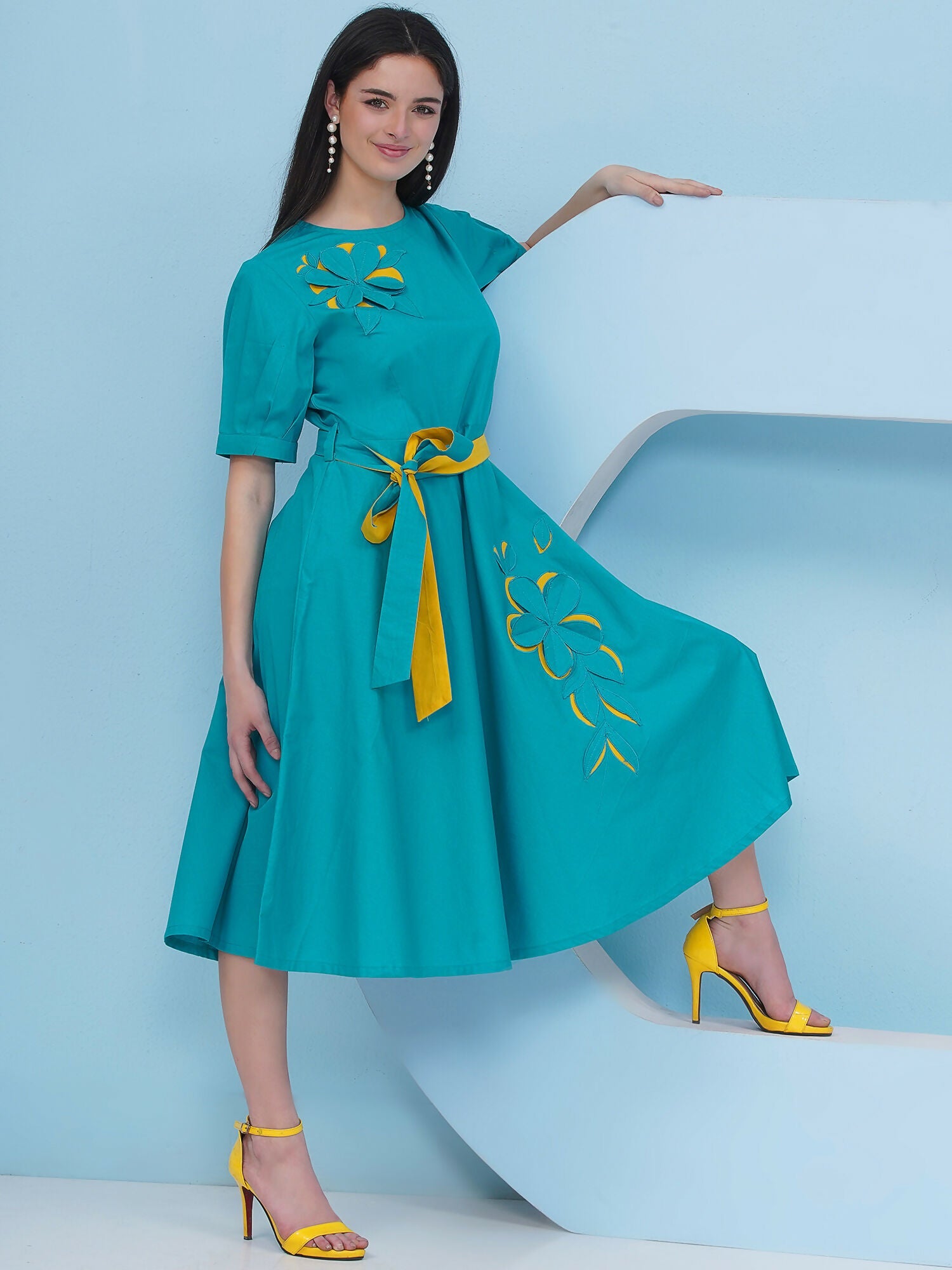 Joban Fashion Teal Blue Dress with Belt