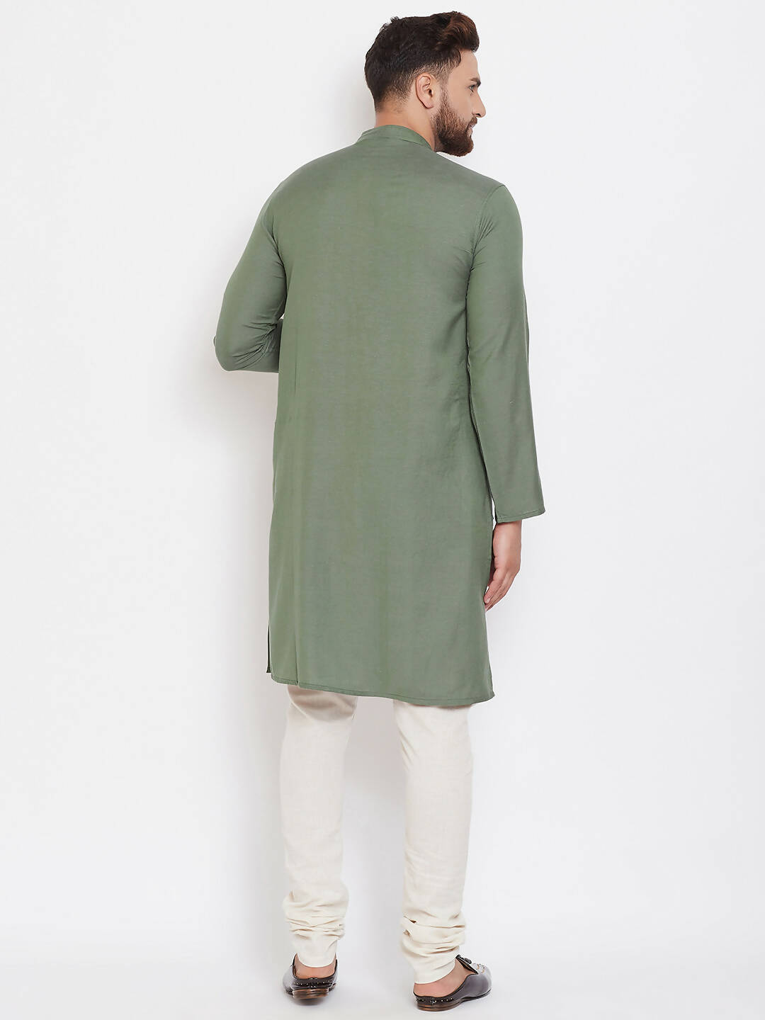Even Apparels Green Color Linen Linen Men's Kurta With Band Collar 