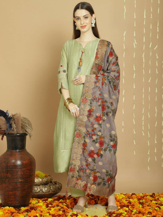 Aastha Fashion Women's Green Chanderi Silk Elegant Jardoshi Semi Kurta with Trouser & Dupatta - Grab2buy