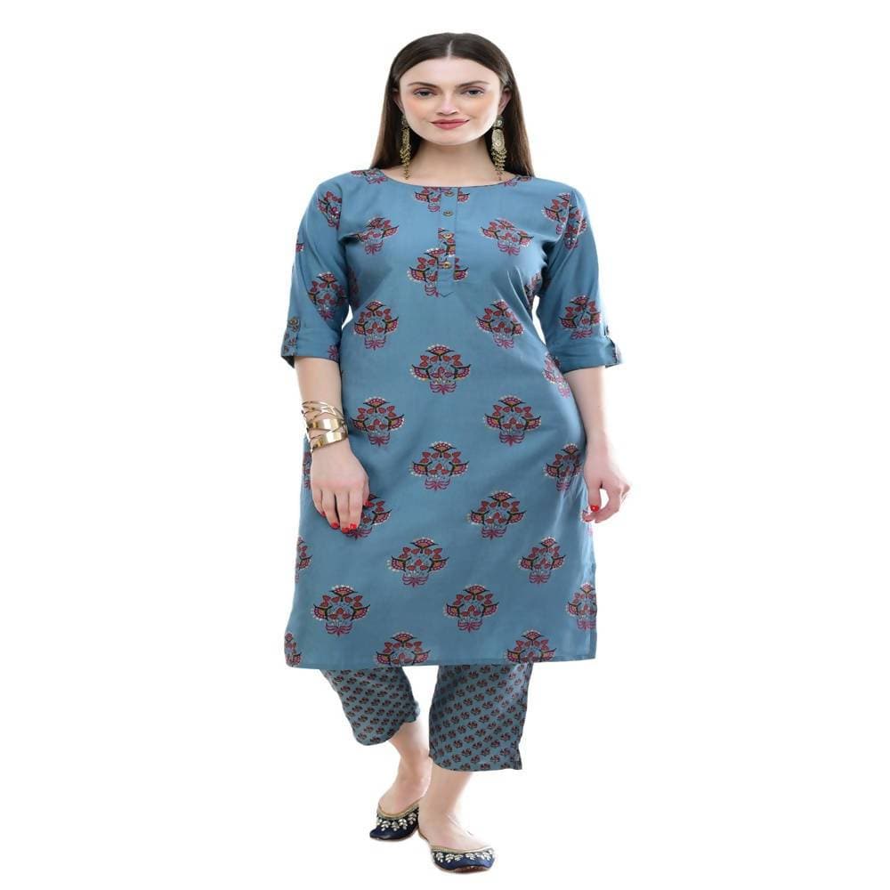 Lagi Women's Turquoise Blue Printed Straight Kurta & Pant (MC39A) 