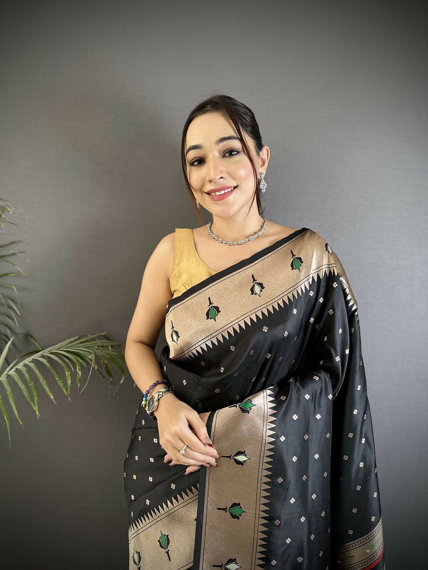 Joban Fashion Black Peacock & Floral Motifs Soft Lichi Silk Kanchipuram Saree