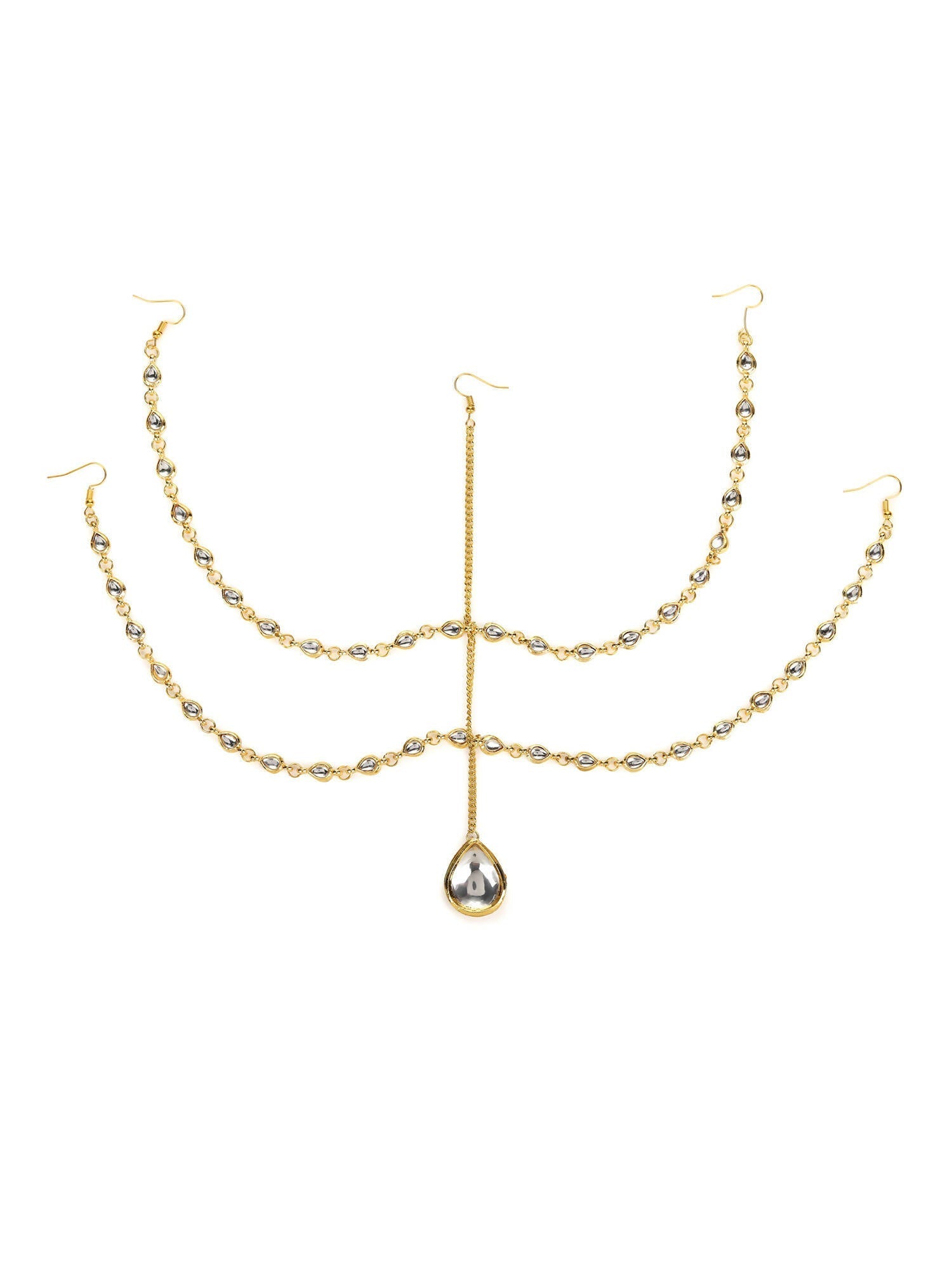 Gold-Polished White Faux Kundan-Studded Faux Pearl Beaded Handcrafted Matha Patti - Ruby Raang | Swadesiicart