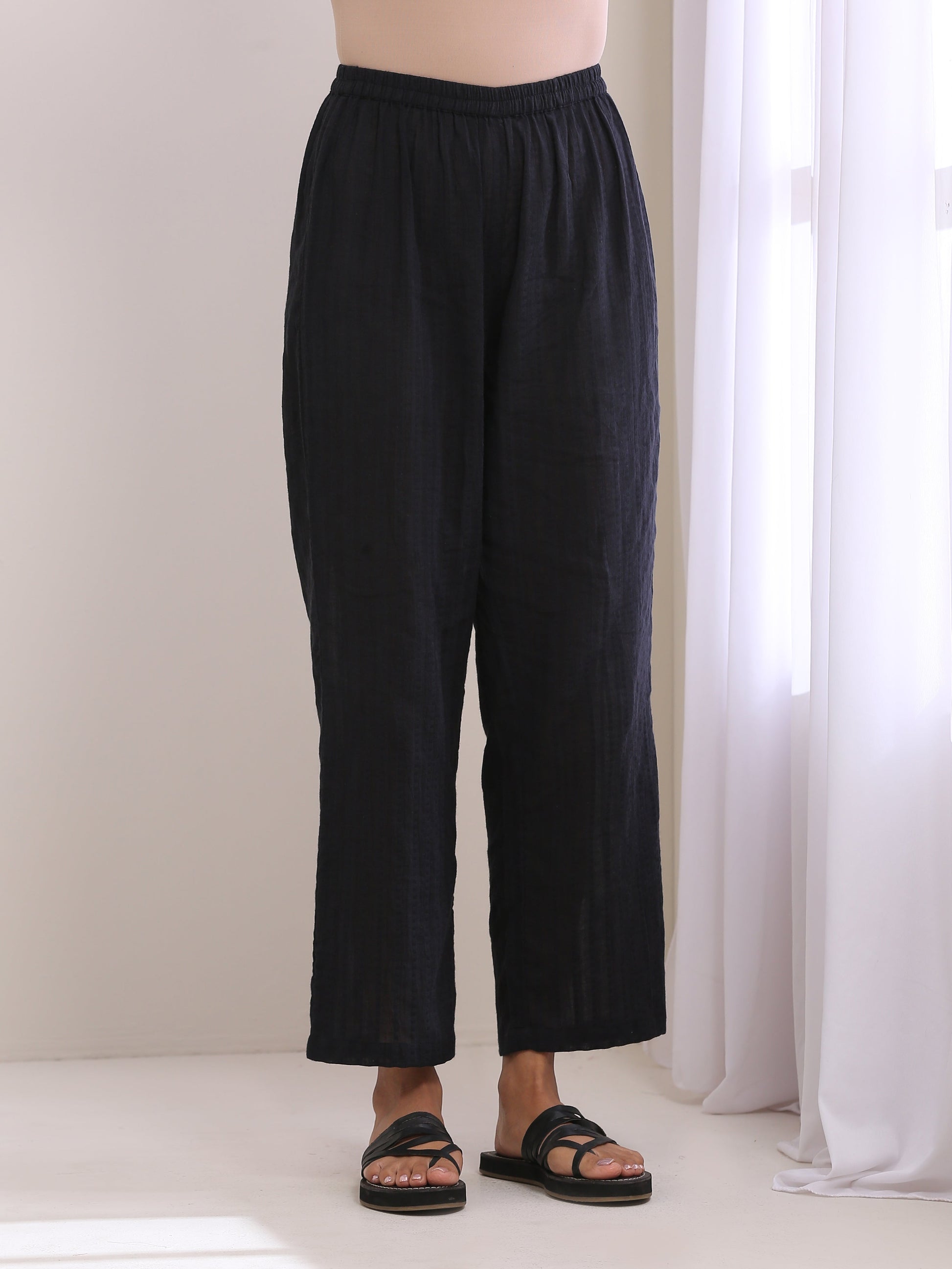 trueBrowns Black Dobby Flared Slit Kurta Pant Set 
