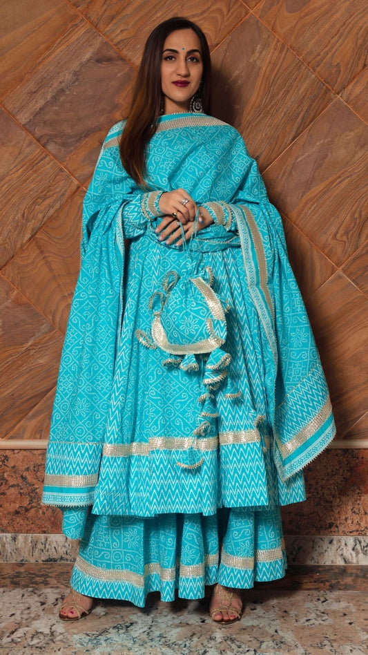 Pomcha Jaipur Neelkari Blue Cotton Anarkali Set 