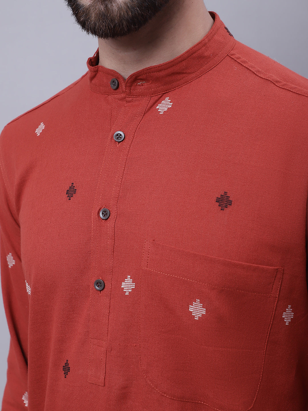 Even Apparels Rust Pure Cotton Kurta With Band Collar 