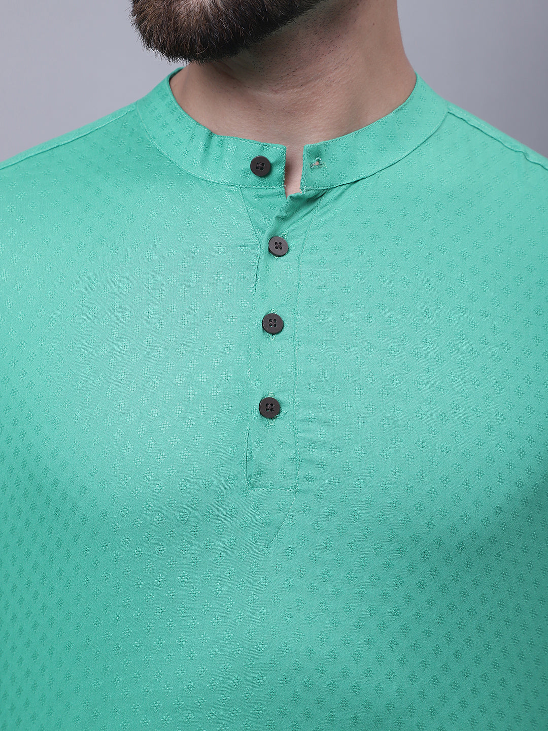 Even Apparels Green Pure Cotton Short Kurta With Band Collar 