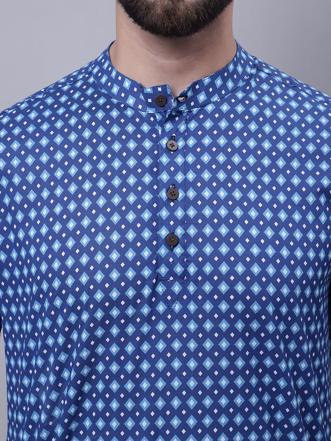 Even Apparels Blue Pure Cotton Short Kurta With Band Collar 