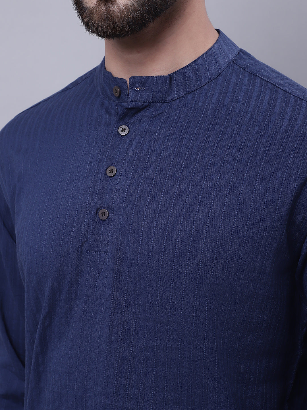 Even Apparels Blue Pure Cotton Short Kurta With Band Collar 