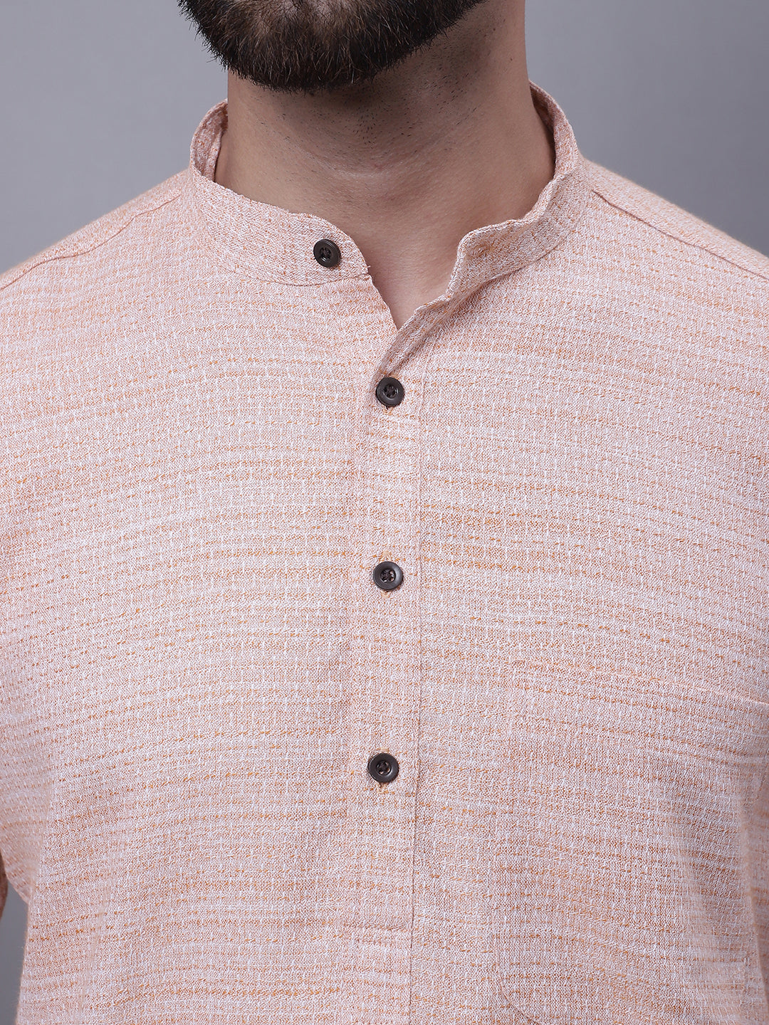 Even Apparels Peach Pure Cotton Short Sleeves Kurta With Band Collar 