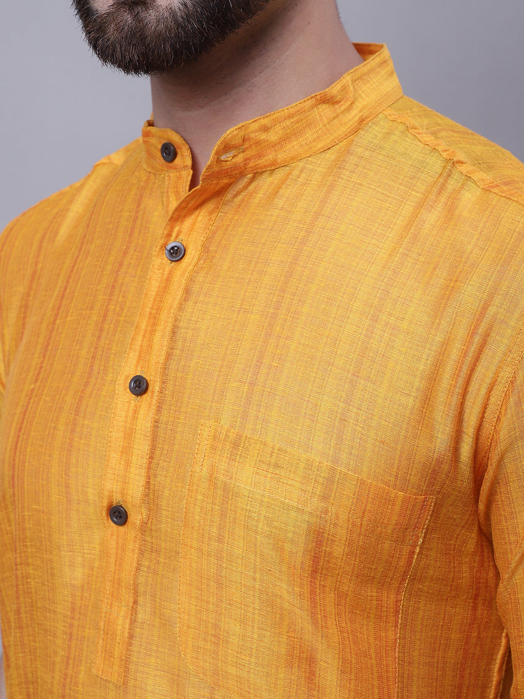 Even Apparels Yellow Pure Cotton Short Sleeves Kurta With Band Collar 