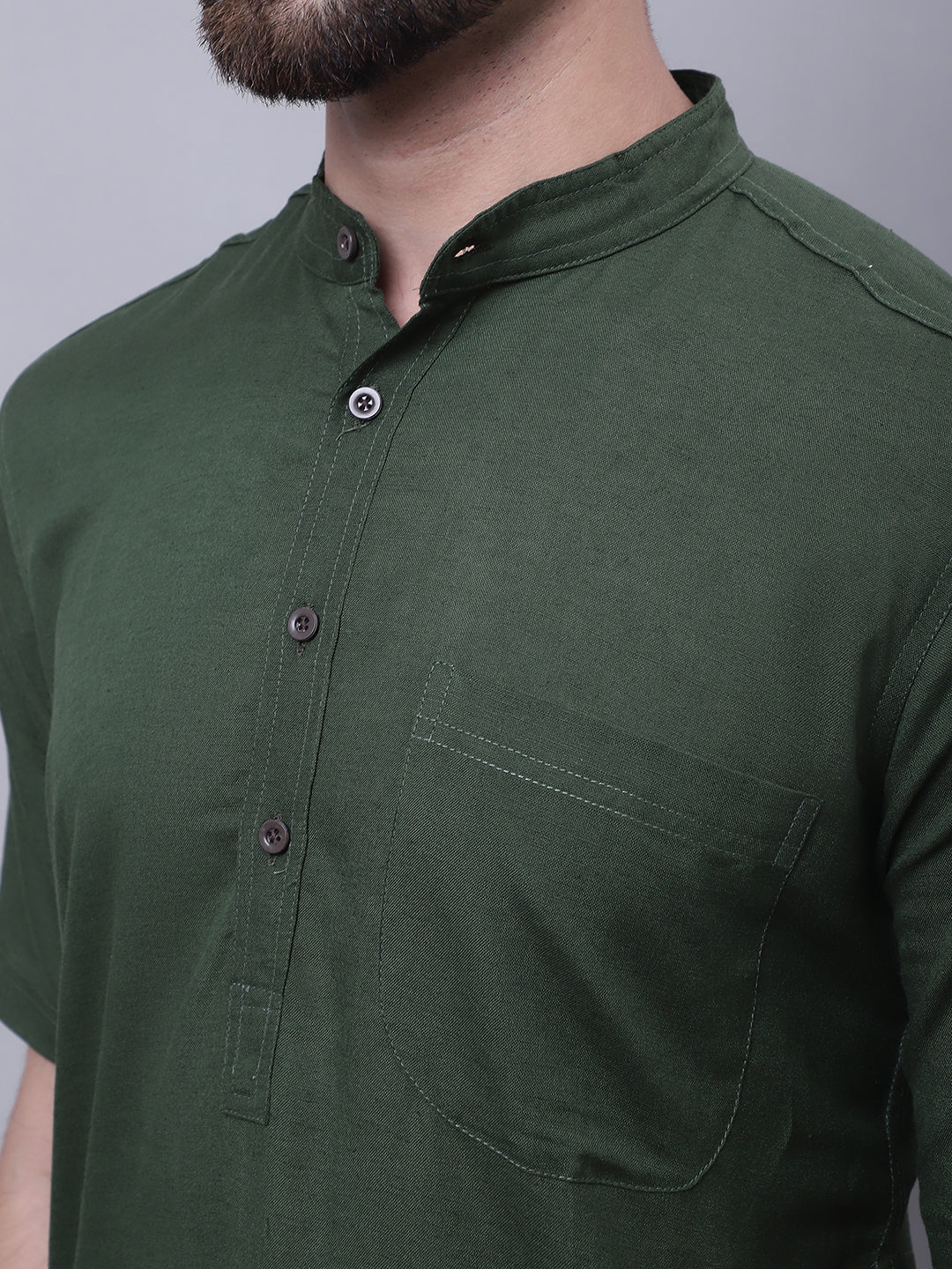 Even Apparels Green Pure Cotton Short Sleeves Kurta With Band Collar 