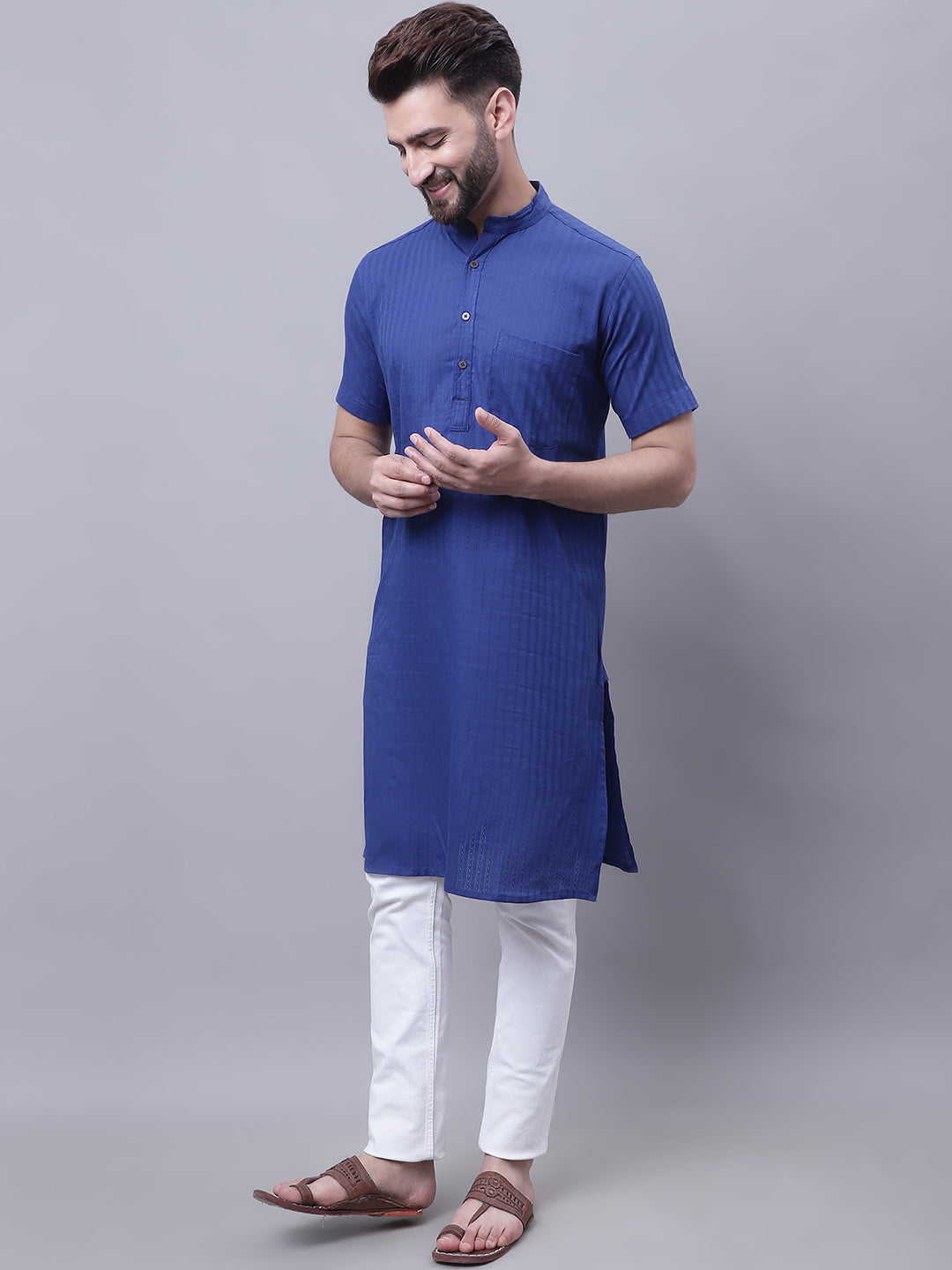 Even Apparels Blue Pure Cotton Short Sleeves Kurta With Band Collar 