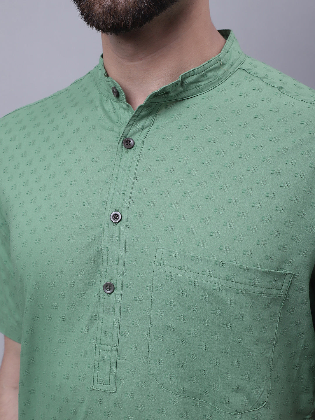 Even Apparels Green Pure Cotton Short Sleeves Kurta With Band Collar 