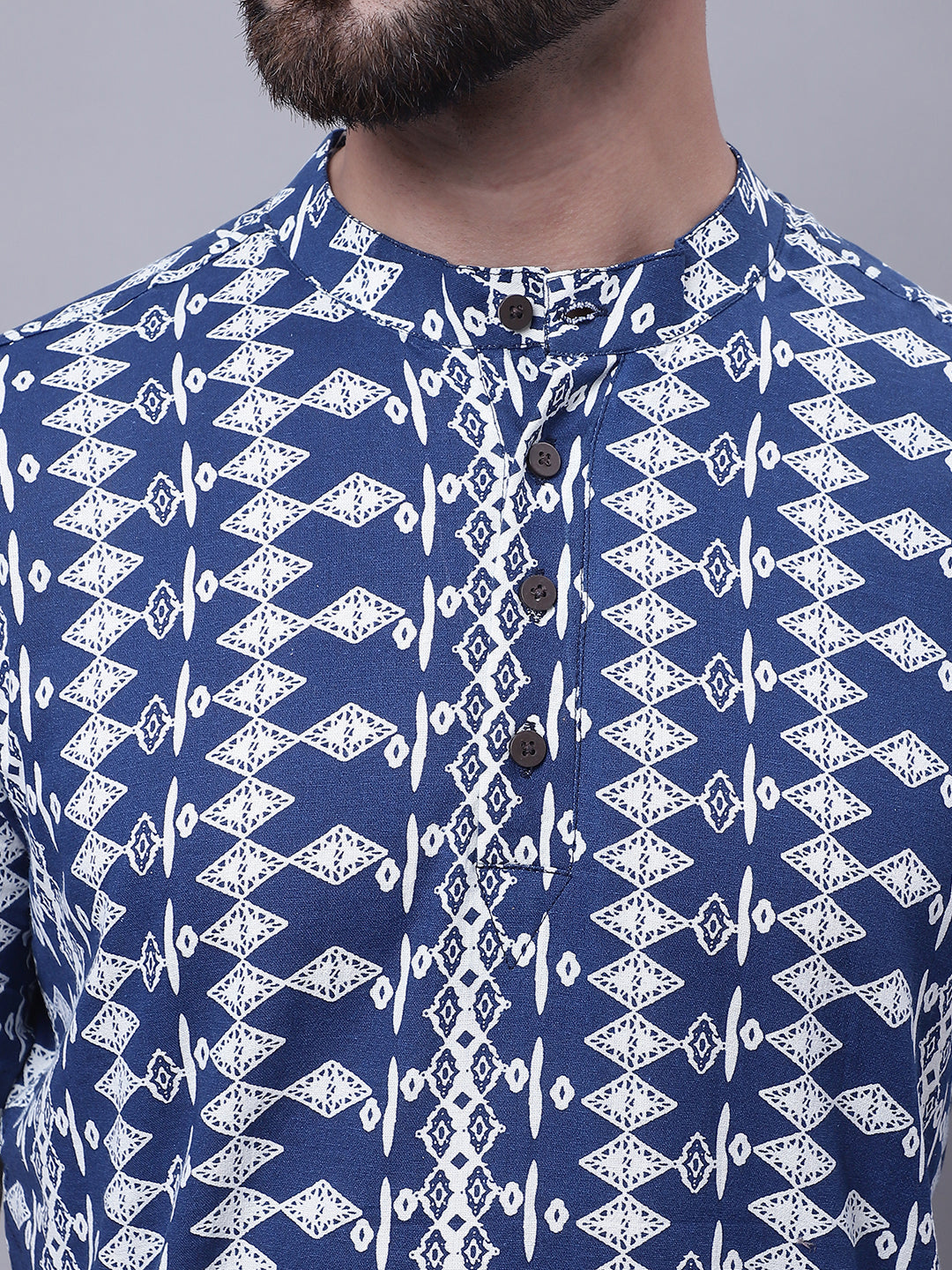 Even Apparels Blue Pure Cotton Short Kurta With Band Collar 