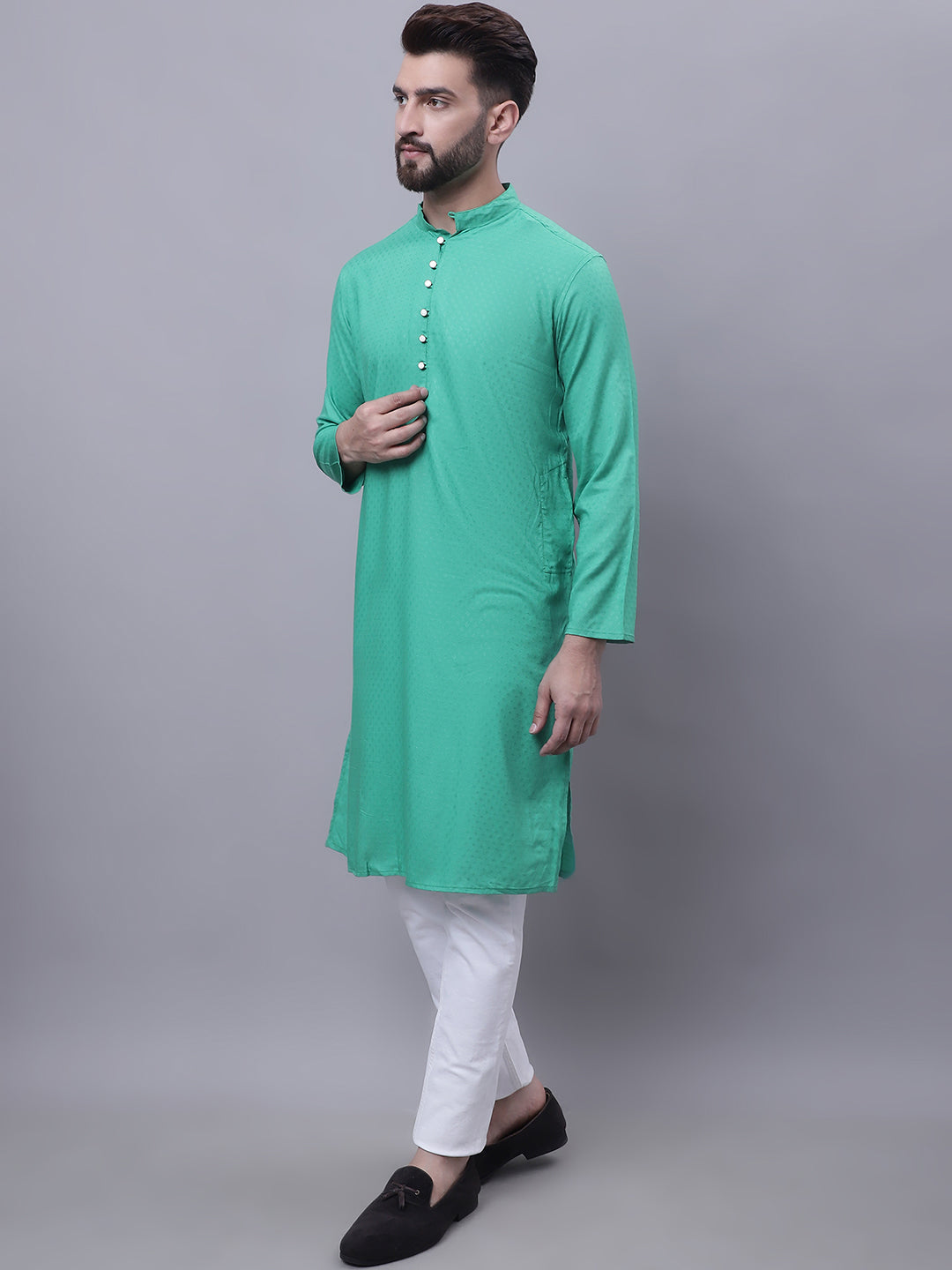 Even Apparels Green Kurta With Band Collar 