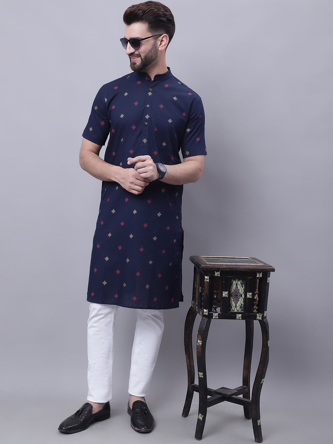 Even Apparels Blue Pure Cotton Short Sleeves Kurta With Band Collar 